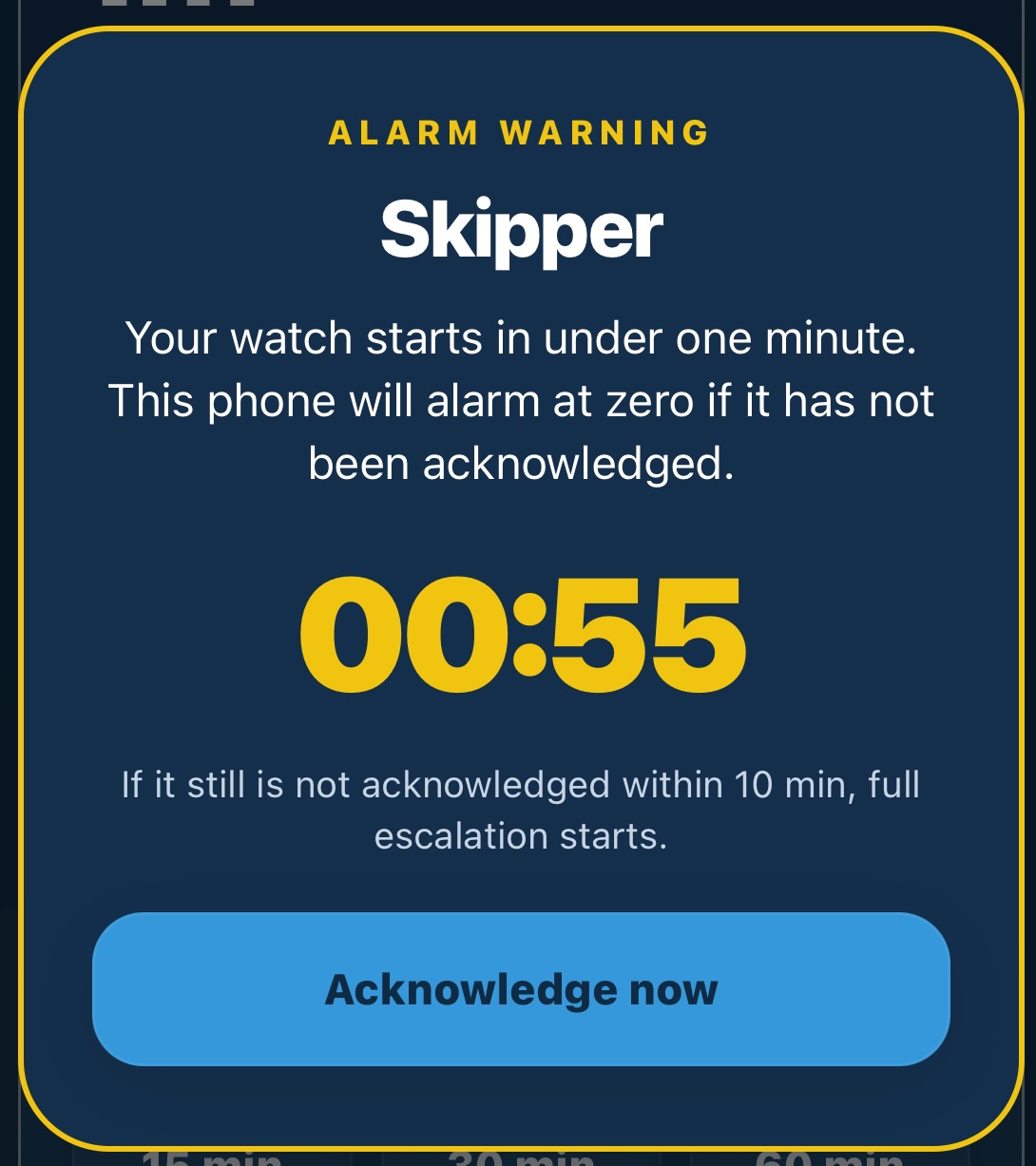 WatchKeeper alarm warning screen with countdown and acknowledge action